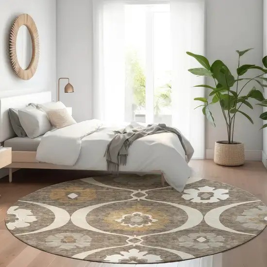 8' Brown Beige And Ivory Medallion Washable Round Rug With UV Protection Photo 5