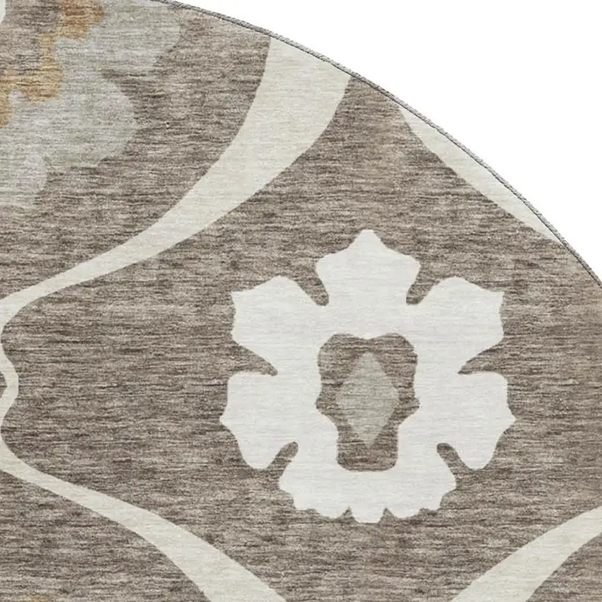 8' Brown Beige And Ivory Medallion Washable Round Rug With UV Protection Photo 3