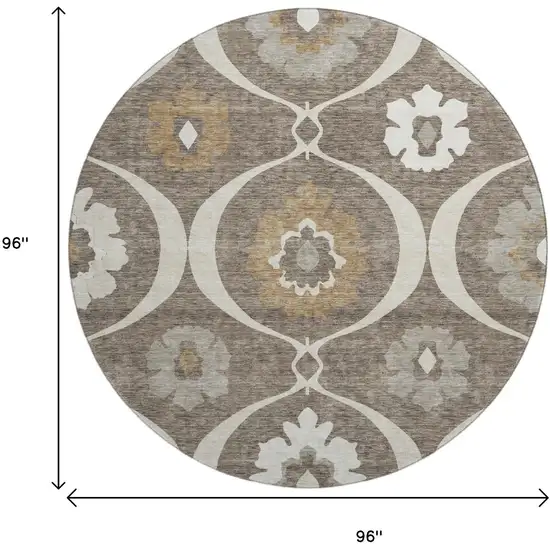 8' Brown Beige And Ivory Medallion Washable Round Rug With UV Protection Photo 8