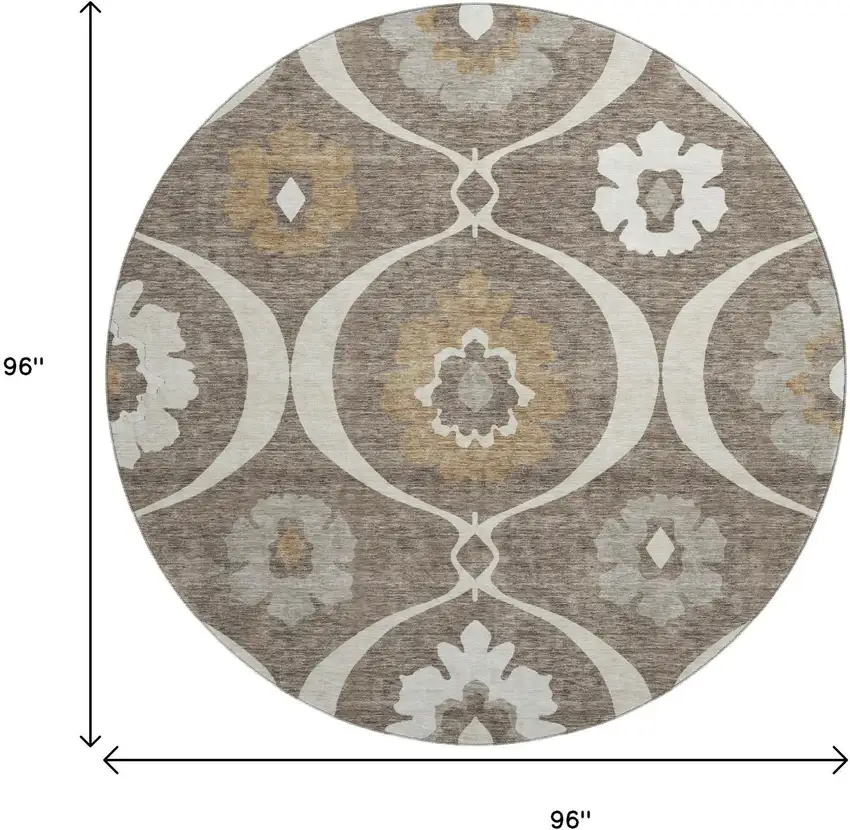 8' Brown Beige And Ivory Medallion Washable Round Rug With UV Protection Photo 8