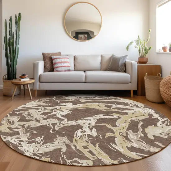 8' Brown Beige And Ivory Round Abstract Washable Indoor Outdoor Area Rug Photo 7