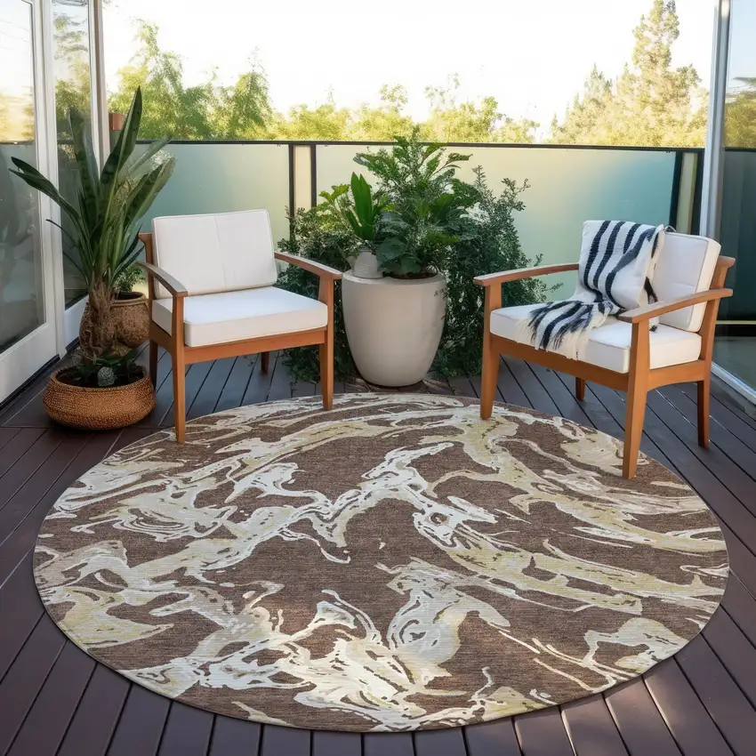 8' Brown Beige And Ivory Round Abstract Washable Indoor Outdoor Area Rug Photo 6