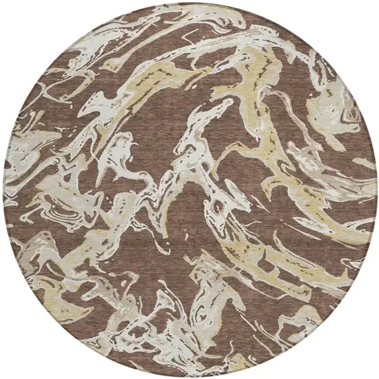 8' Brown Beige And Ivory Round Abstract Washable Indoor Outdoor Area Rug Photo 2