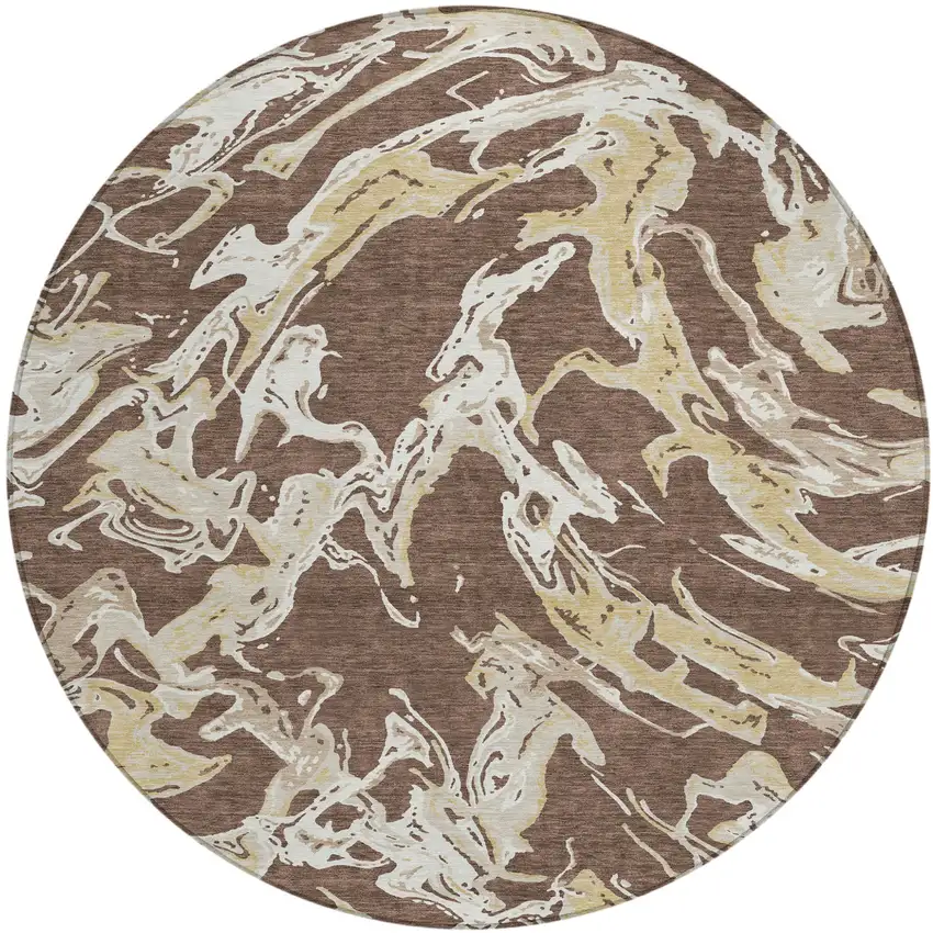 8' Brown Beige And Ivory Round Abstract Washable Indoor Outdoor Area Rug Photo 2