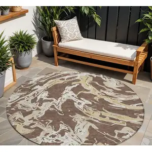 Photo of 8' Brown Beige And Ivory Round Abstract Washable Indoor Outdoor Area Rug