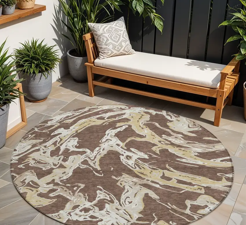 8' Brown Beige And Ivory Round Abstract Washable Indoor Outdoor Area Rug Photo 1