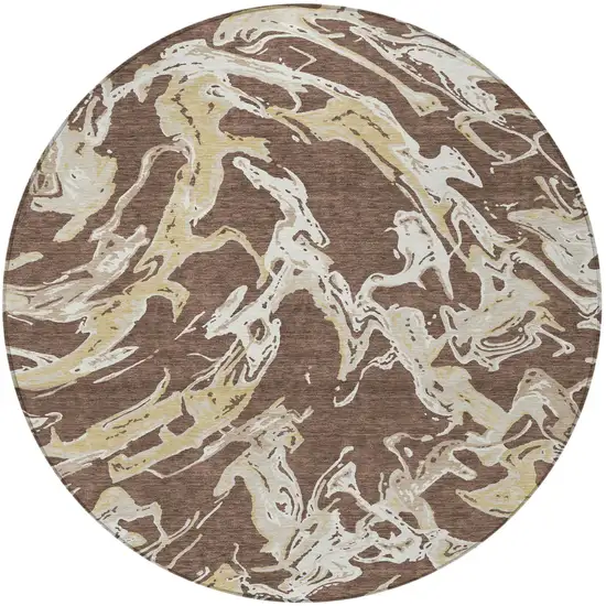 8' Brown Beige And Ivory Round Abstract Washable Indoor Outdoor Area Rug Photo 5