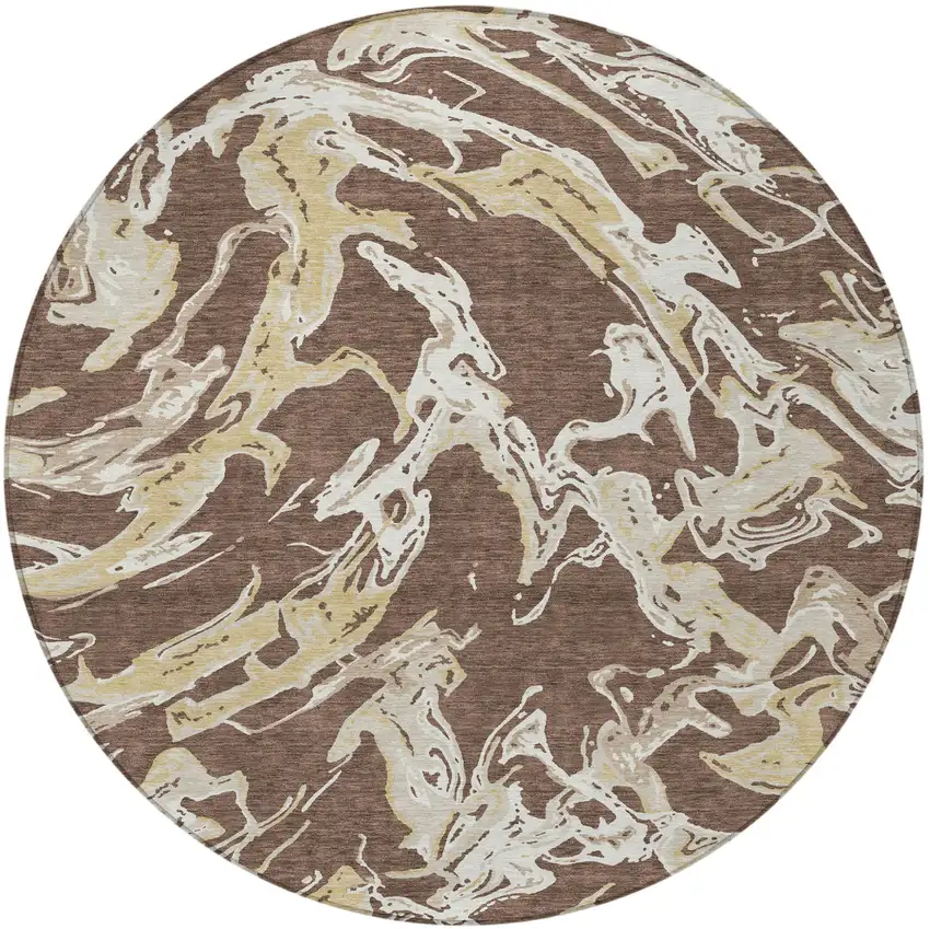 8' Brown Beige And Ivory Round Abstract Washable Indoor Outdoor Area Rug Photo 5