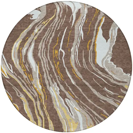 8' Brown Beige And Ivory Round Abstract Washable Indoor Outdoor Area Rug Photo 6