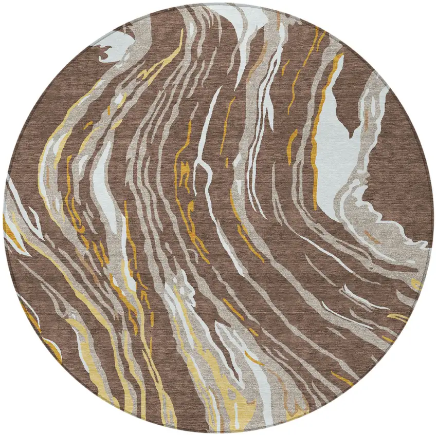 8' Brown Beige And Ivory Round Abstract Washable Indoor Outdoor Area Rug Photo 6