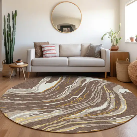 8' Brown Beige And Ivory Round Abstract Washable Indoor Outdoor Area Rug Photo 8