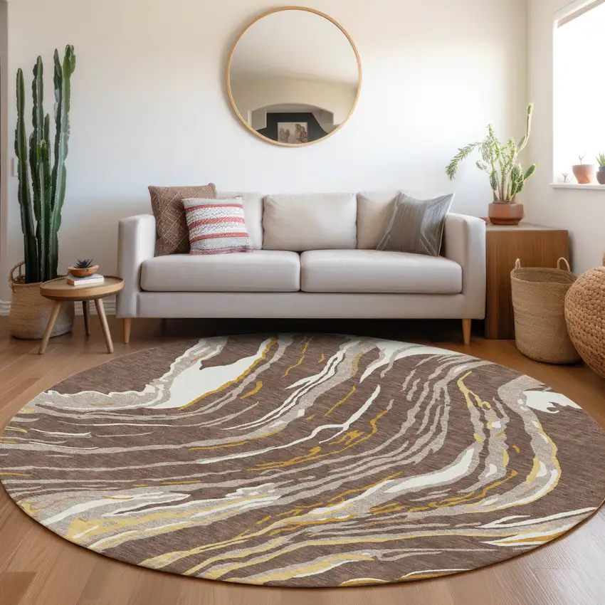 8' Brown Beige And Ivory Round Abstract Washable Indoor Outdoor Area Rug Photo 8