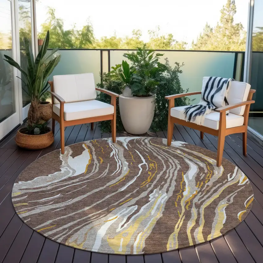 8' Brown Beige And Ivory Round Abstract Washable Indoor Outdoor Area Rug Photo 7