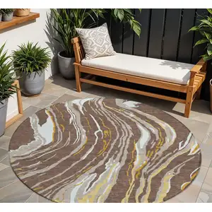 Photo of 8' Brown Beige And Ivory Round Abstract Washable Indoor Outdoor Area Rug
