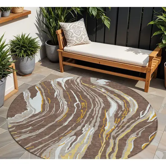 8' Brown Beige And Ivory Round Abstract Washable Indoor Outdoor Area Rug Photo 1