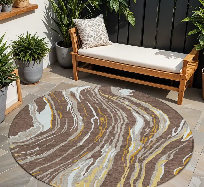 8' Brown Beige And Ivory Round Abstract Washable Indoor Outdoor Area Rug Photo 1