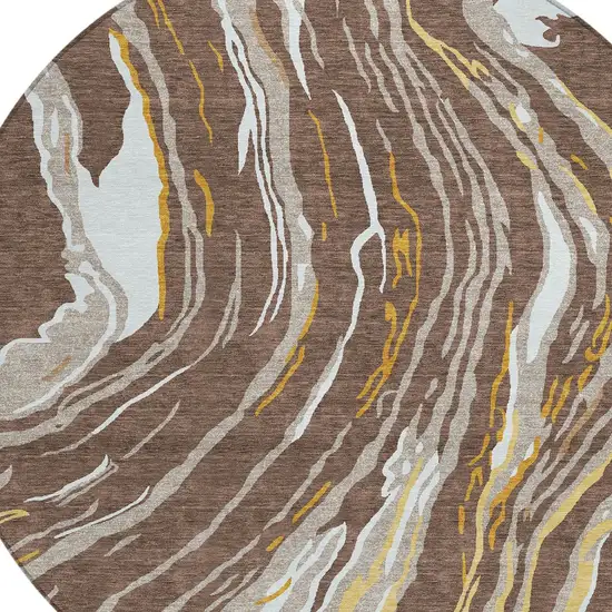 8' Brown Beige And Ivory Round Abstract Washable Indoor Outdoor Area Rug Photo 5