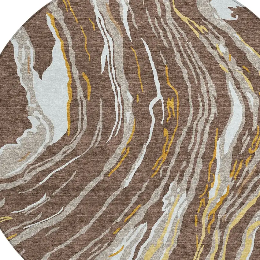 8' Brown Beige And Ivory Round Abstract Washable Indoor Outdoor Area Rug Photo 5