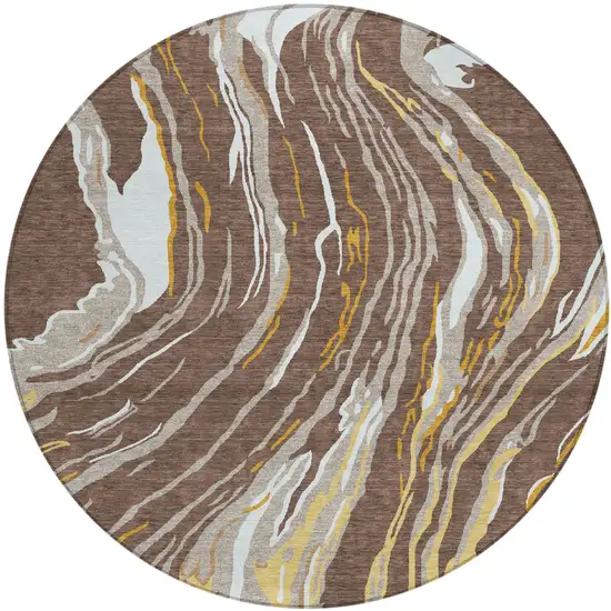 8' Brown Beige And Ivory Round Abstract Washable Indoor Outdoor Area Rug Photo 2