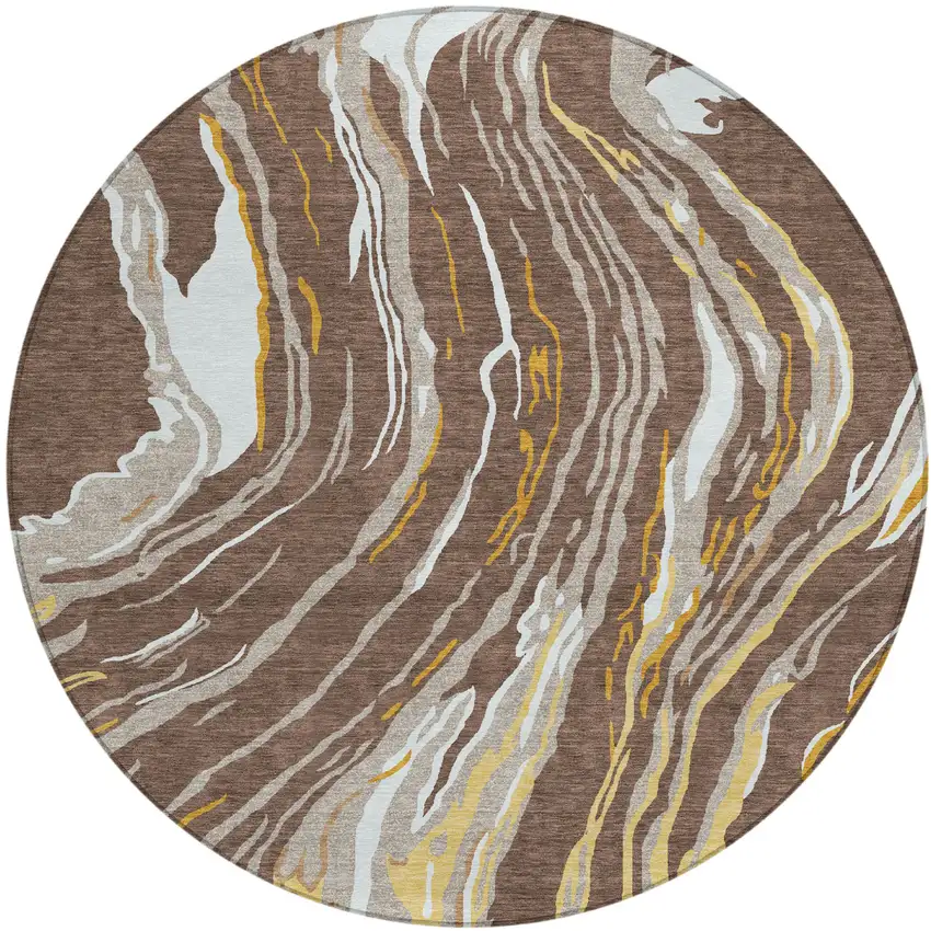 8' Brown Beige And Ivory Round Abstract Washable Indoor Outdoor Area Rug Photo 2
