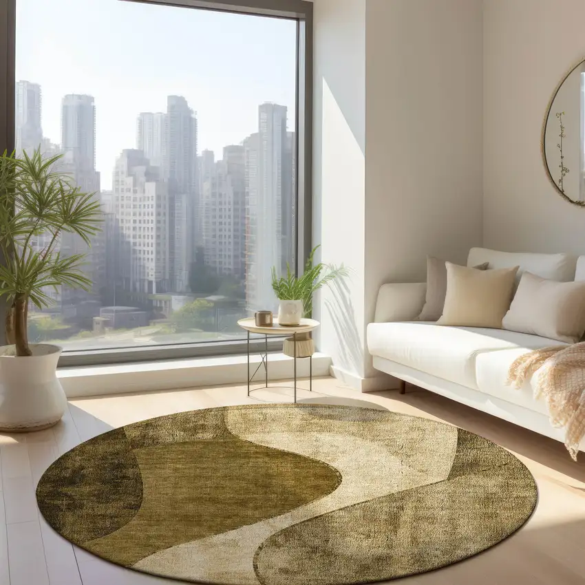 8' Brown Beige And Ivory Round Abstract Washable Indoor Outdoor Area Rug Photo 7