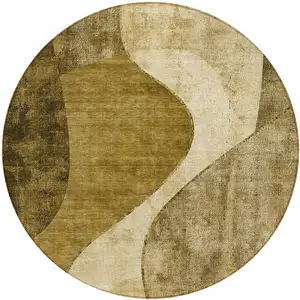 Photo of 8' Brown Beige And Ivory Round Abstract Washable Indoor Outdoor Area Rug