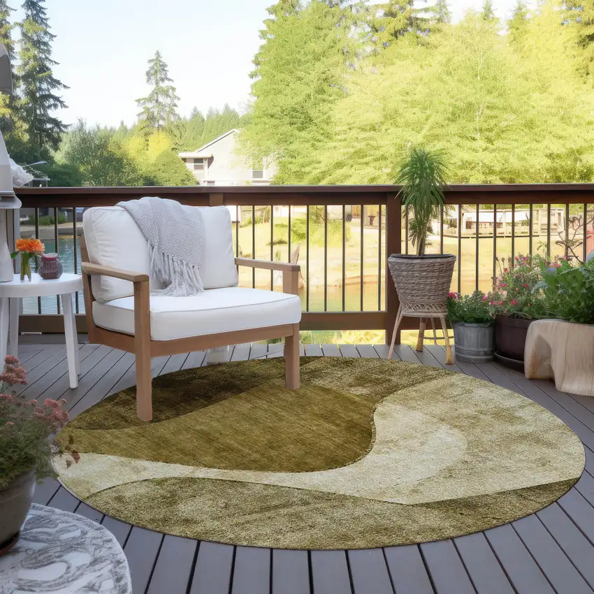 8' Brown Beige And Ivory Round Abstract Washable Indoor Outdoor Area Rug Photo 6