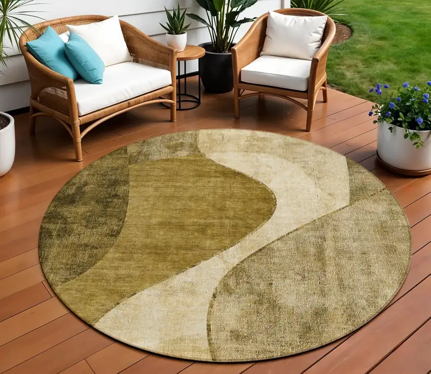 8' Brown Beige And Ivory Round Abstract Washable Indoor Outdoor Area Rug Photo 1