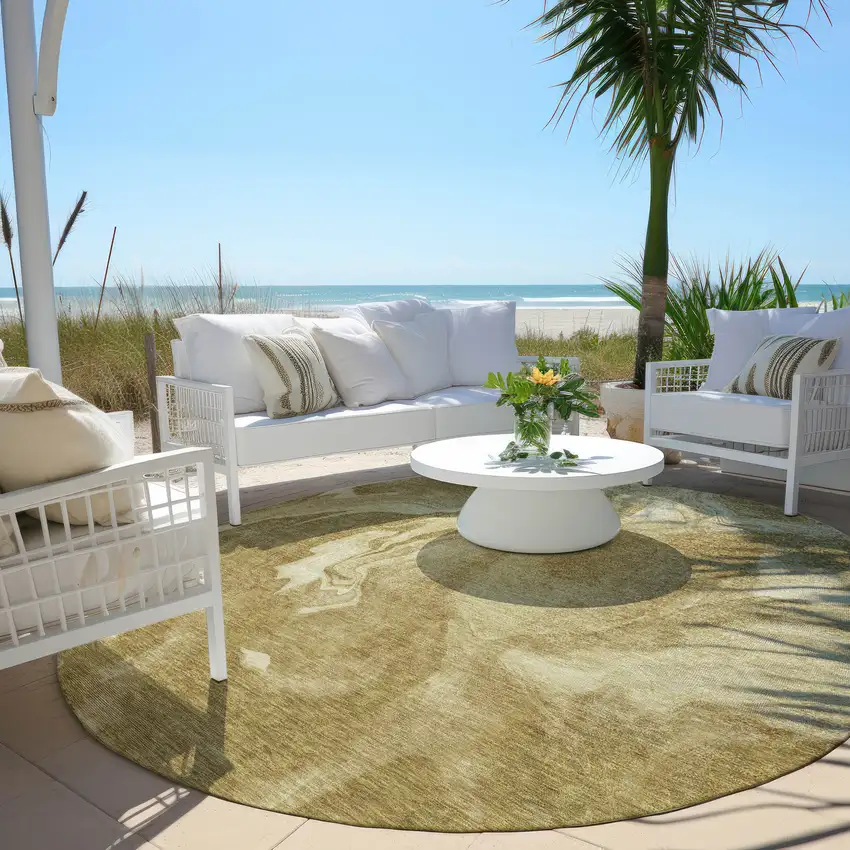 8' Brown Beige And Ivory Round Abstract Washable Indoor Outdoor Area Rug Photo 6