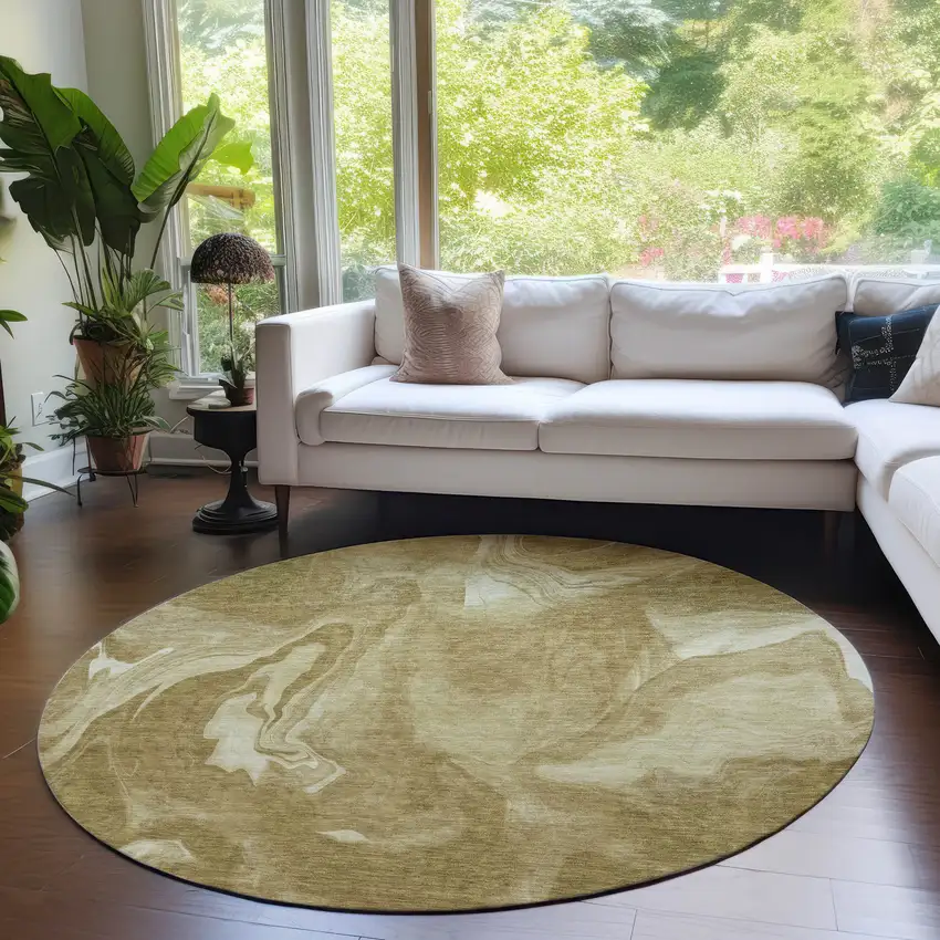 8' Brown Beige And Ivory Round Abstract Washable Indoor Outdoor Area Rug Photo 7