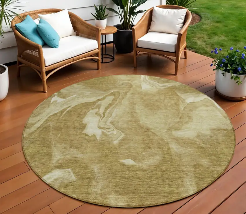 8' Brown Beige And Ivory Round Abstract Washable Indoor Outdoor Area Rug Photo 1