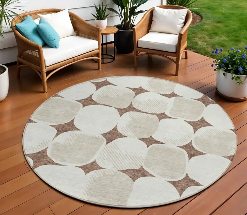 8' Brown Beige And Ivory Round Abstract Washable Indoor Outdoor Area Rug Photo 1