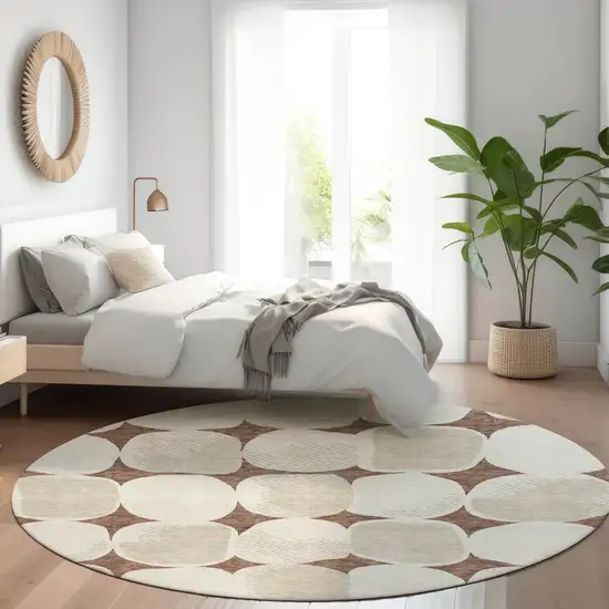 8' Brown Beige And Ivory Round Abstract Washable Indoor Outdoor Area Rug Photo 7
