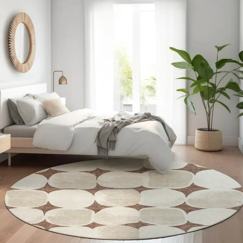8' Brown Beige And Ivory Round Abstract Washable Indoor Outdoor Area Rug Photo 7