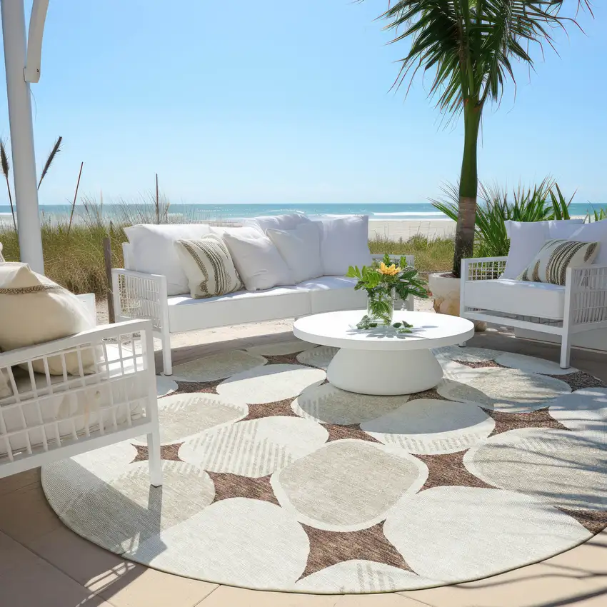 8' Brown Beige And Ivory Round Abstract Washable Indoor Outdoor Area Rug Photo 6