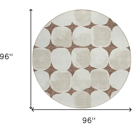8' Brown Beige And Ivory Round Abstract Washable Indoor Outdoor Area Rug Photo 3