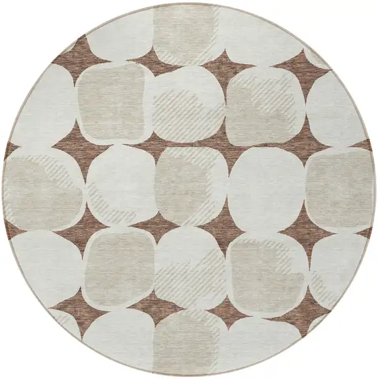8' Brown Beige And Ivory Round Abstract Washable Indoor Outdoor Area Rug Photo 5