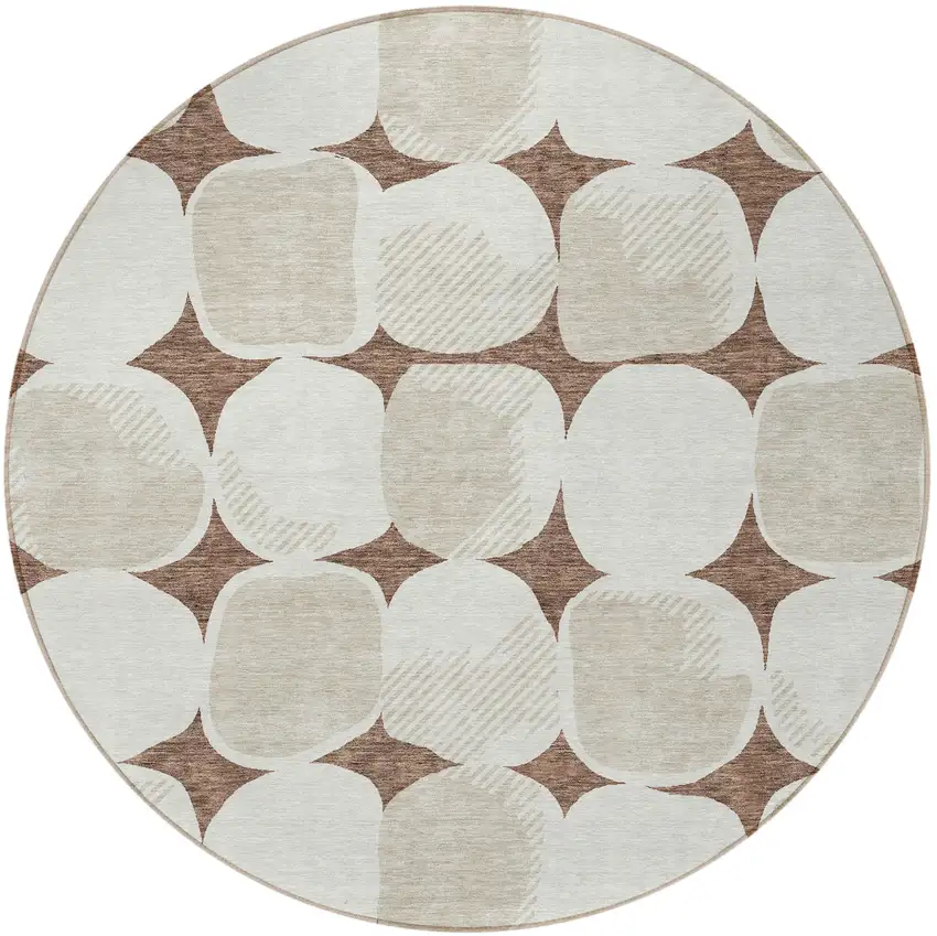 8' Brown Beige And Ivory Round Abstract Washable Indoor Outdoor Area Rug Photo 5