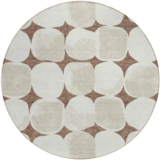 8' Brown Beige And Ivory Round Abstract Washable Indoor Outdoor Area Rug Photo 2