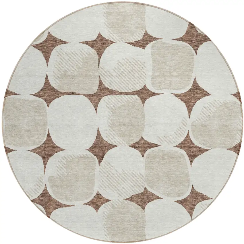 8' Brown Beige And Ivory Round Abstract Washable Indoor Outdoor Area Rug Photo 2