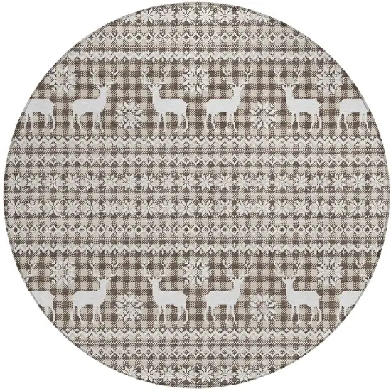 8' Brown Beige And Ivory Round Animal Print Washable Indoor Outdoor Area Rug Photo 3
