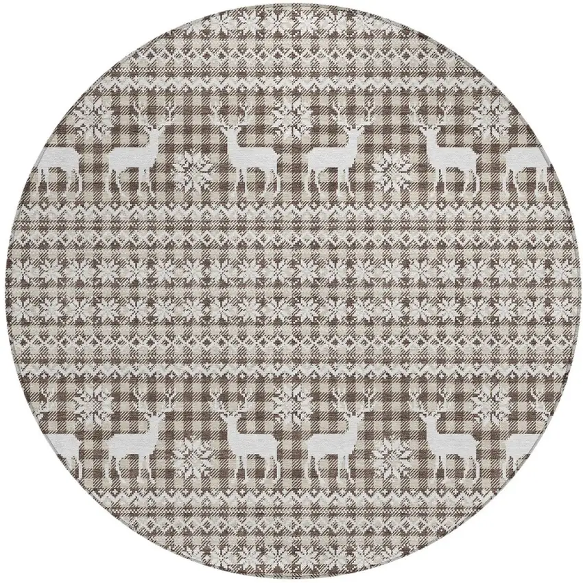 8' Brown Beige And Ivory Round Animal Print Washable Indoor Outdoor Area Rug Photo 3