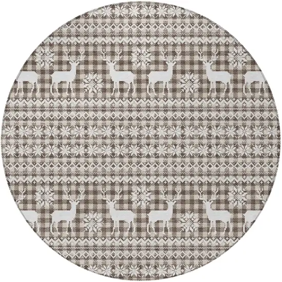 8' Brown Beige And Ivory Round Animal Print Washable Indoor Outdoor Area Rug Photo 4