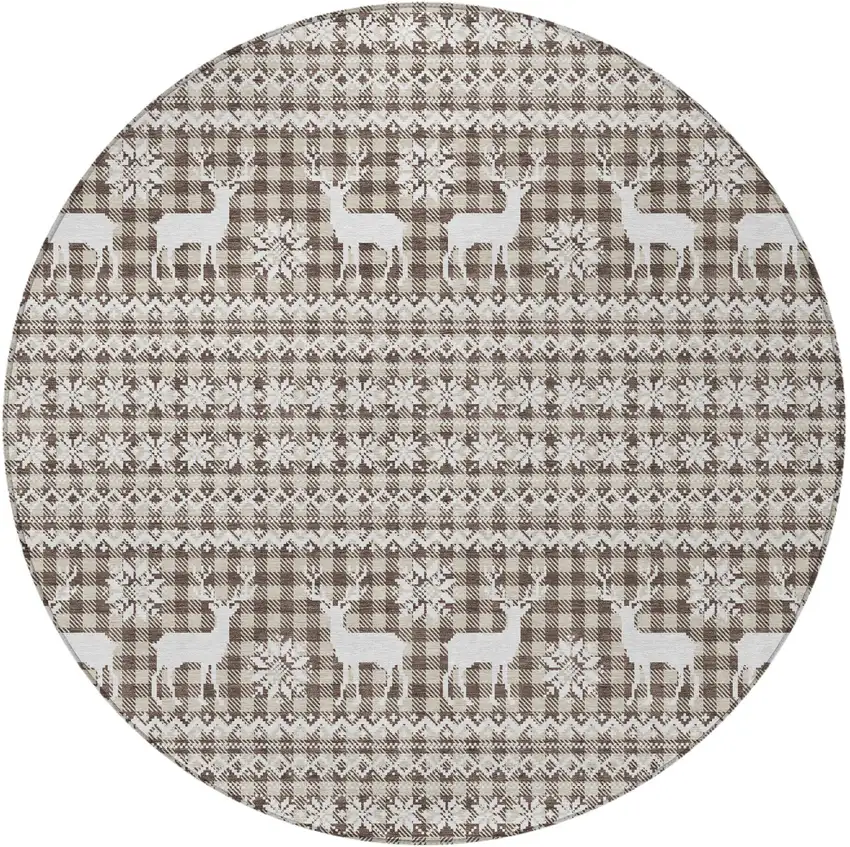 8' Brown Beige And Ivory Round Animal Print Washable Indoor Outdoor Area Rug Photo 4