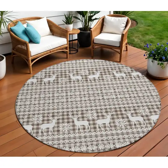 8' Brown Beige And Ivory Round Animal Print Washable Indoor Outdoor Area Rug Photo 2