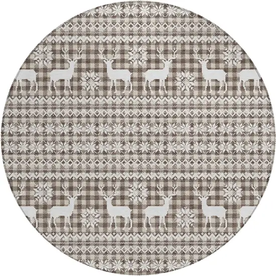 8' Brown Beige And Ivory Round Animal Print Washable Indoor Outdoor Area Rug Photo 1