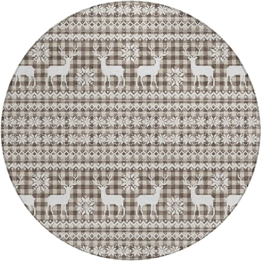 8' Brown Beige And Ivory Round Animal Print Washable Indoor Outdoor Area Rug Photo 1