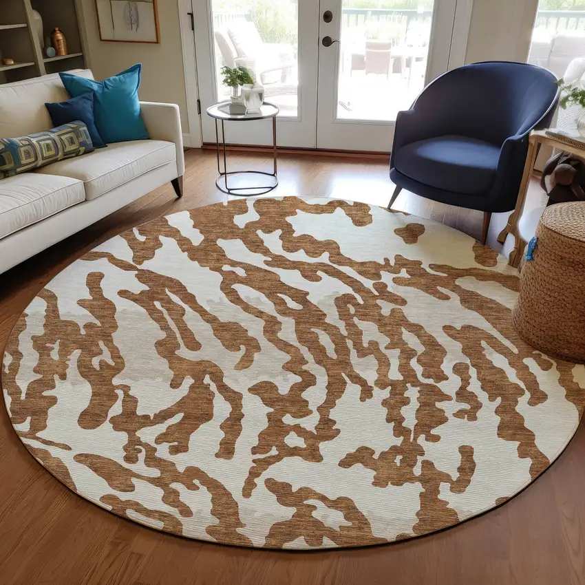 8' Brown Beige And Ivory Round Animal Print Washable Indoor Outdoor Area Rug Photo 7