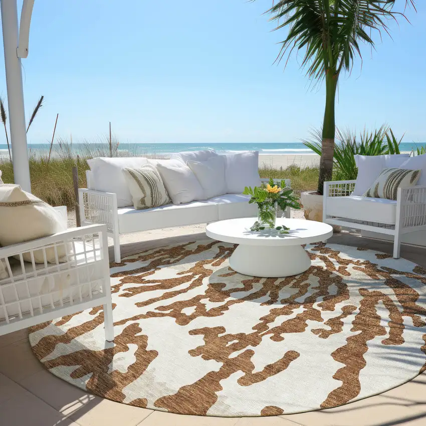 8' Brown Beige And Ivory Round Animal Print Washable Indoor Outdoor Area Rug Photo 6