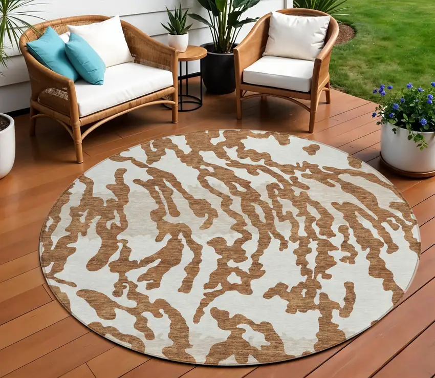8' Brown Beige And Ivory Round Animal Print Washable Indoor Outdoor Area Rug Photo 1